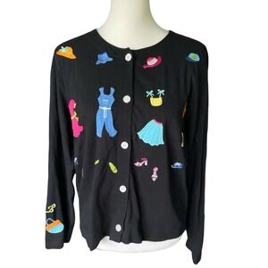 Emma Tricot 100% Cotton Black Button Front Cardigan W/ Embroidery, Large, Travel